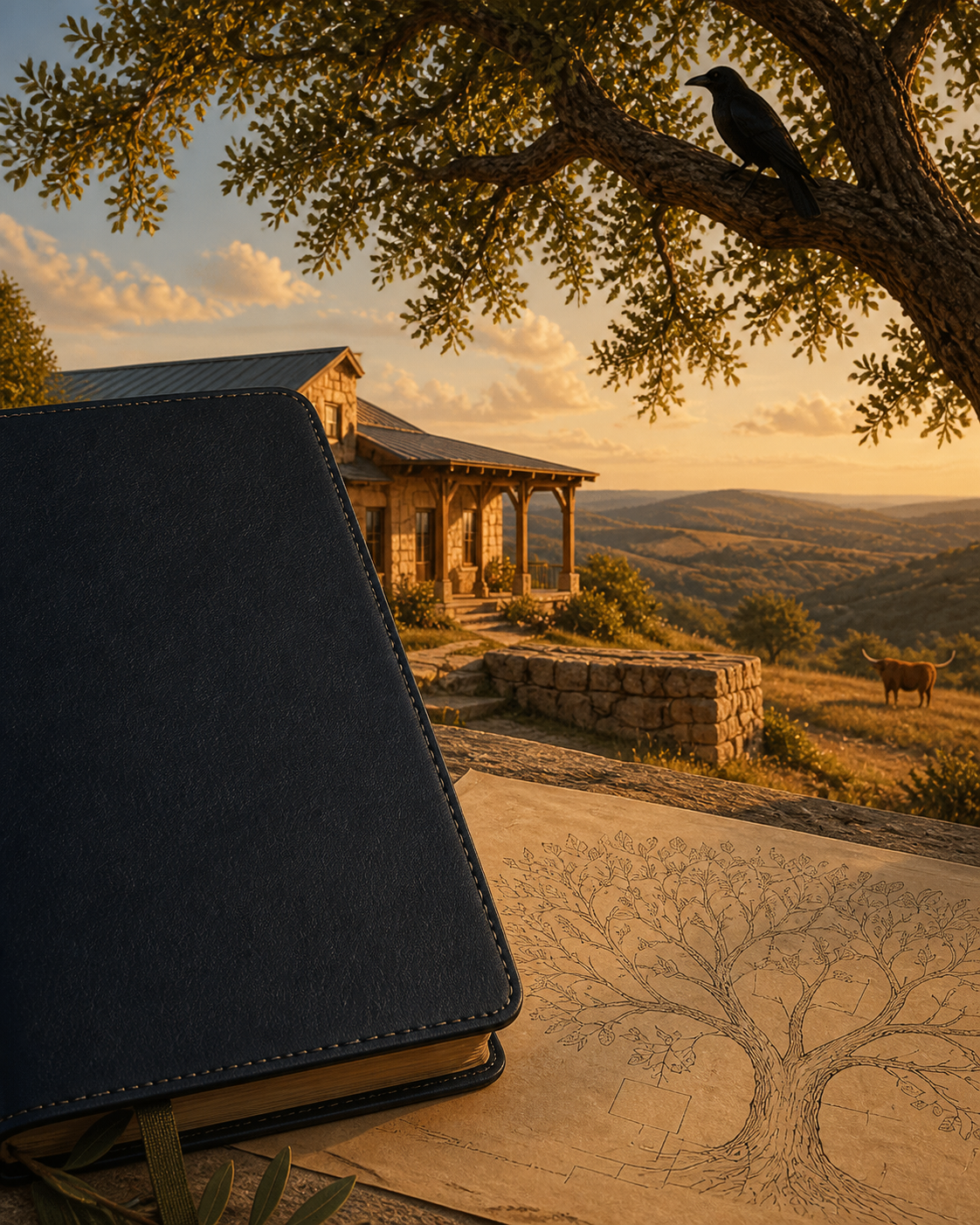 A dark estate-planning folio and family-tree sketch overlooking a Texas Hill Country homestead, with a crow in a live oak and a distant longhorn